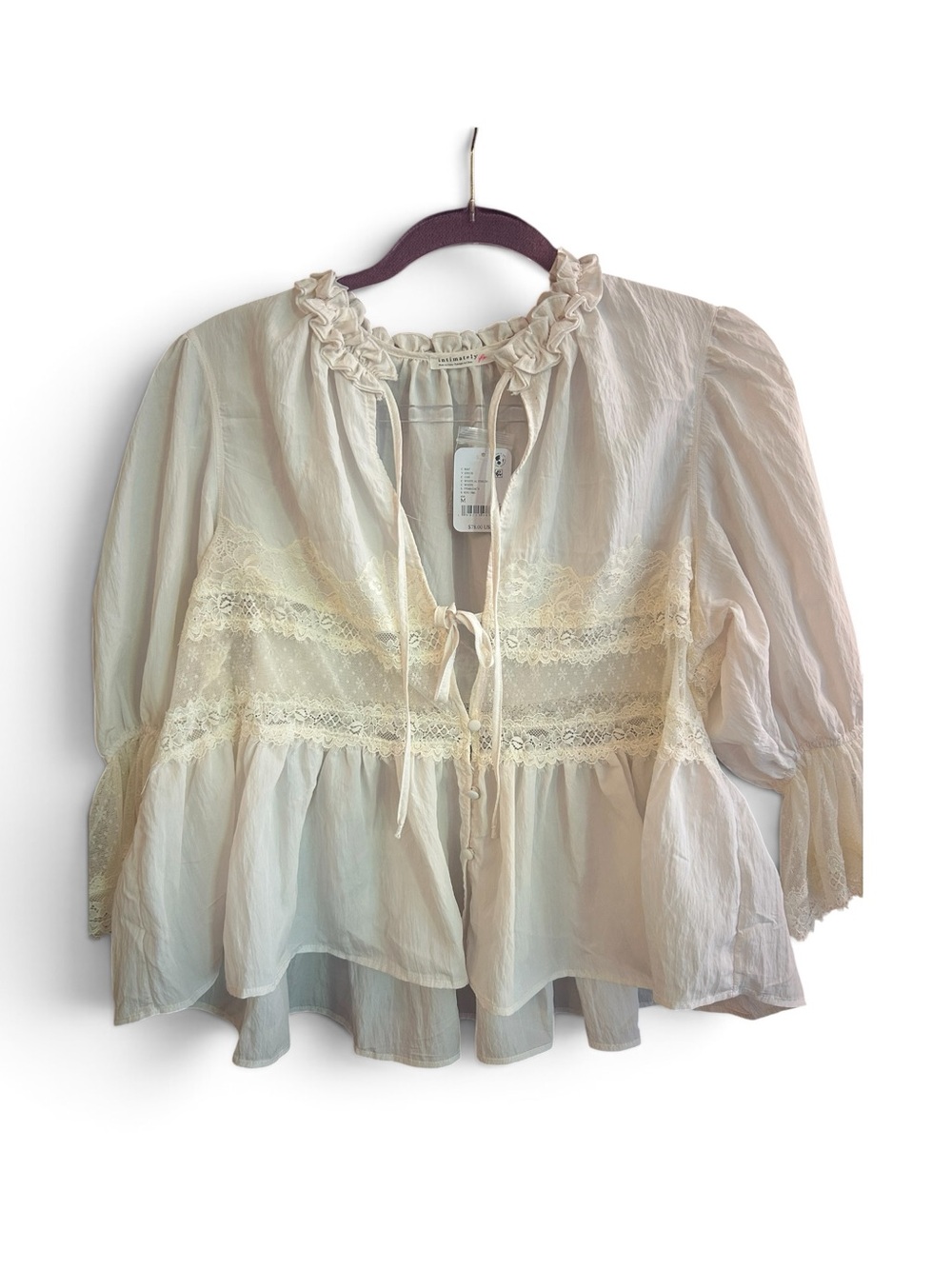 Free People Intimately NWT Forever Young Bed Jacket Cream Lace-Trim Peasant Top - Picture 3 of 7